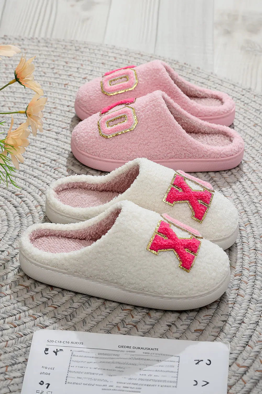 Pink XO XO Glitter Trim Letter Patched Plush House Slippers Markonline