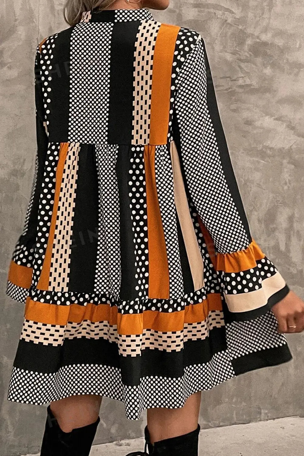 Black Striped Polka Dot Print Ruffled Hem V Neck Mini Dress Markonline