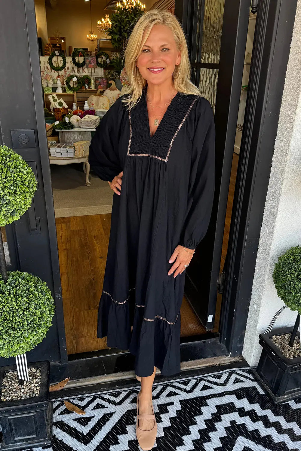 Black Collared V Neck Smocked Detail Contrast Leopard Trim Bracelet Sleeve Long Dress Markonline