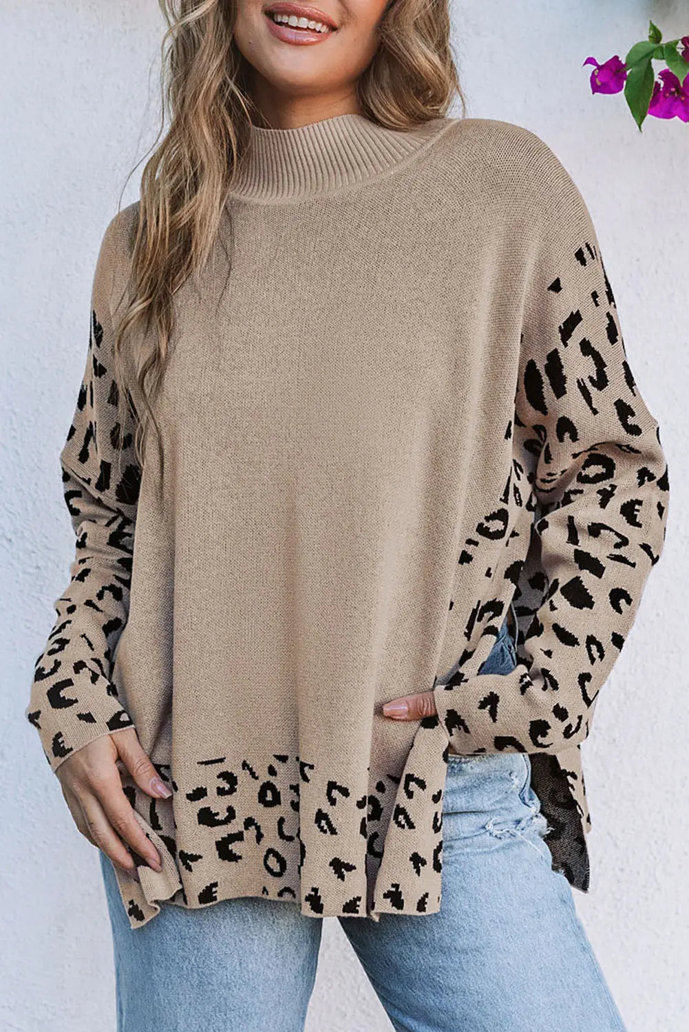 Khaki Leopard High Neck Side Slit Oversized Sweater Dear-Lover Dropshipping