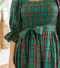 Green Tartan Plaid Square Neck Puff Sleeve Knot Waist Flared Midi Dress Markonline