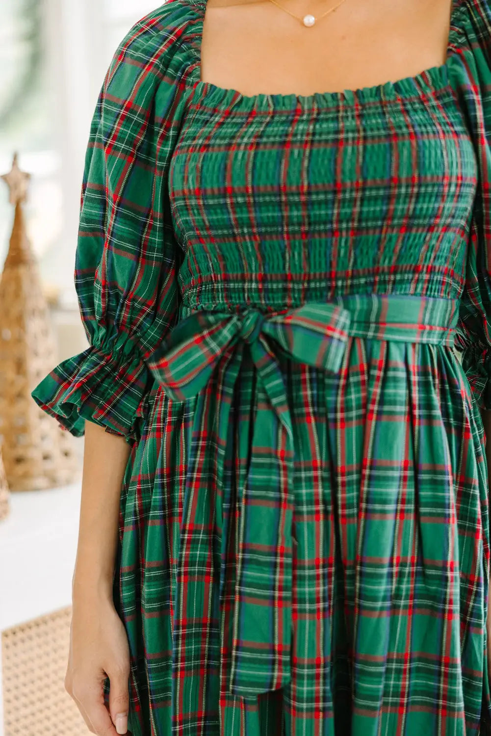 Green Tartan Plaid Square Neck Puff Sleeve Knot Waist Flared Midi Dress Markonline