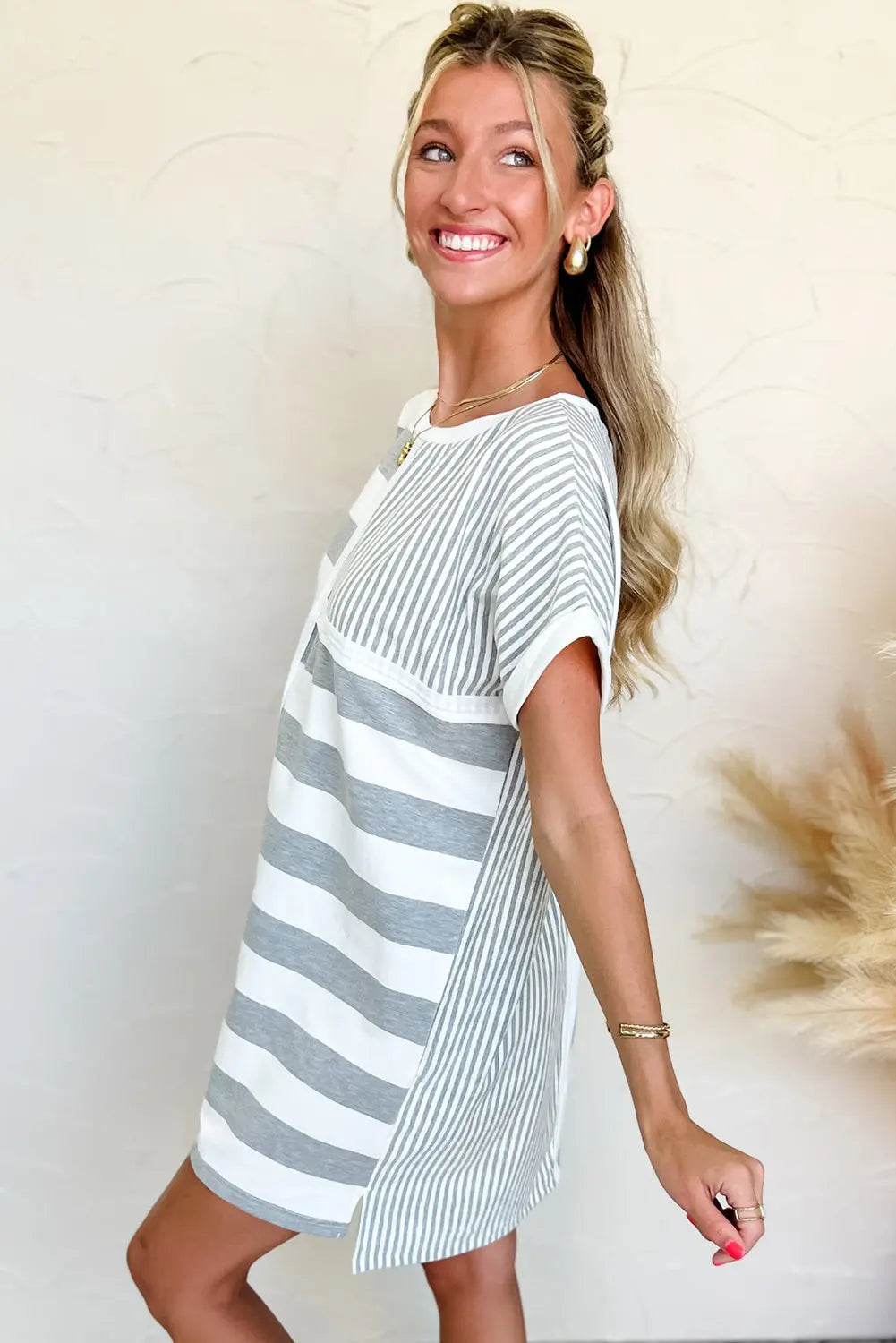 Gray Stripe Mixed Printed Short Sleeve Shift Mini T Shirt Dress Markonline