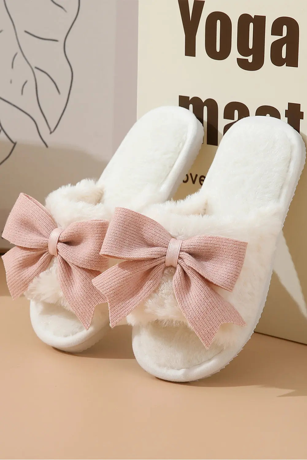 White Bow Knot Decor Open Toe Plush Slippers Markonline