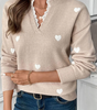 Smoke Gray Heart Print Lace Splicing V Neck Valentines Sweater Dear-Lover Dropshipping