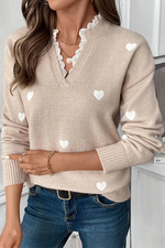 Smoke Gray Heart Print Lace Splicing V Neck Valentines Sweater Dear-Lover Dropshipping