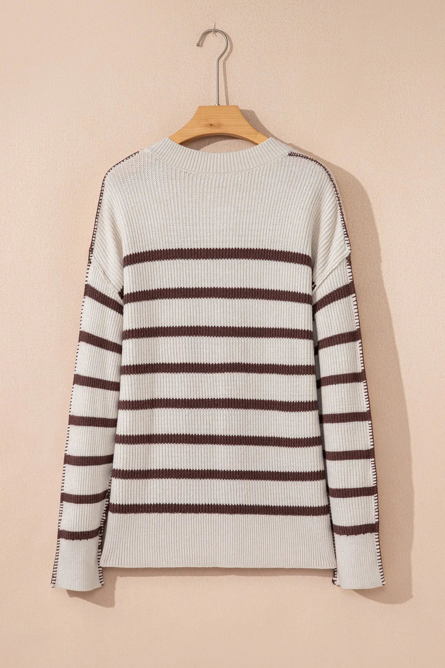 Brown Stripe Ribbed Henley Drop Shoulder Slouchy Sweater Dear-Lover Dropshipping