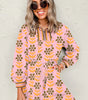 Pink Floral Print Zip Neck Striped Patchwork Long Sleeve Drawstring Dress Markonline