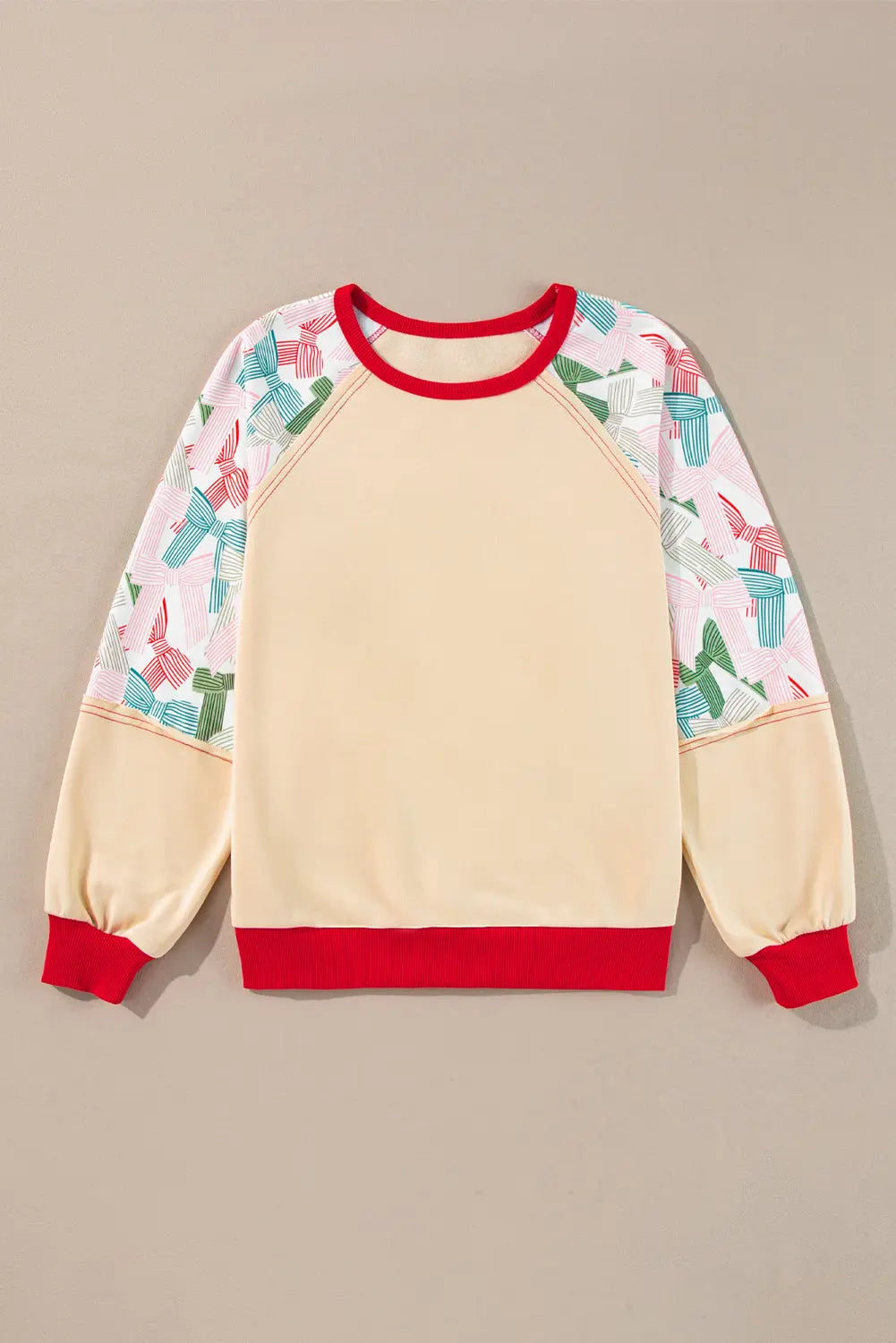 Beige Bowknot Printed Patchwork Raglan Sleeve Colorblock Edge Top Dear-Lover Dropshipping