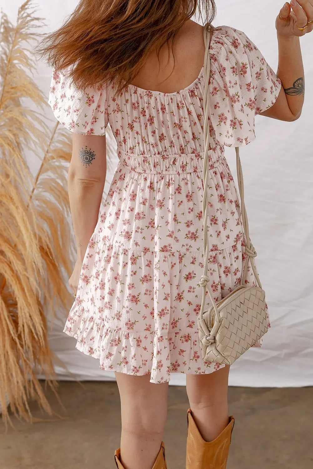 Pink Front Tie Shirred Waist Short Sleeve Ruffled Floral Mini Dress Markonline