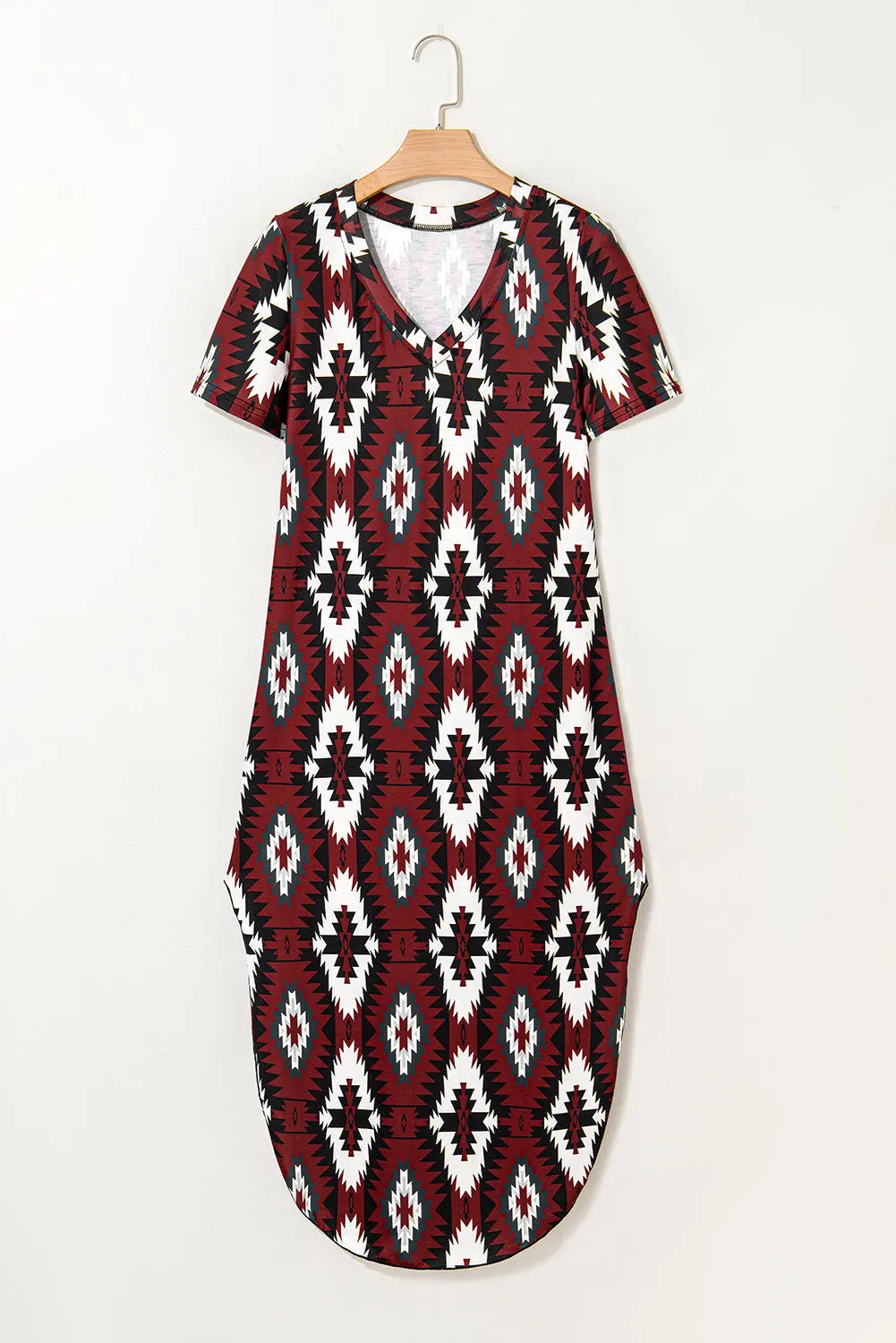 Red Western Aztec Printed Long T-shirt Dress Markonline