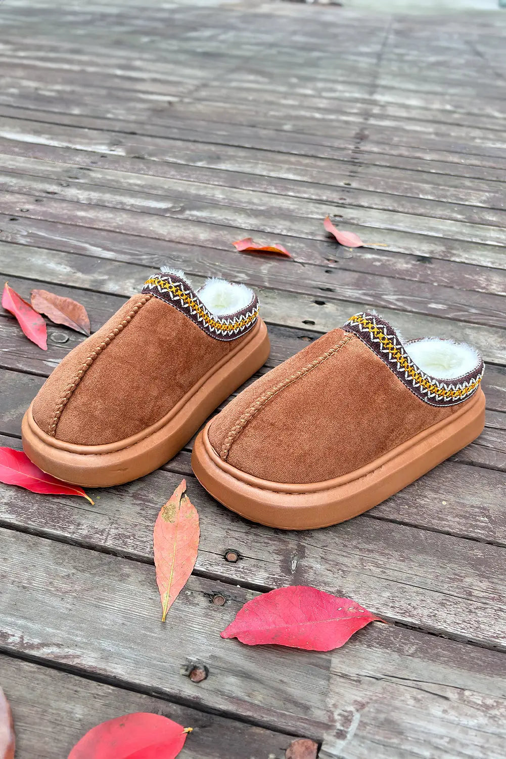 Chestnut Contrast Edge Suede Plush Lined Thick Sole Winter Slippers Markonline
