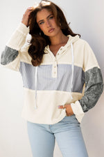 White Waffle Printed Patchwork Drawstring Hooded Long Sleeve Top Markonline