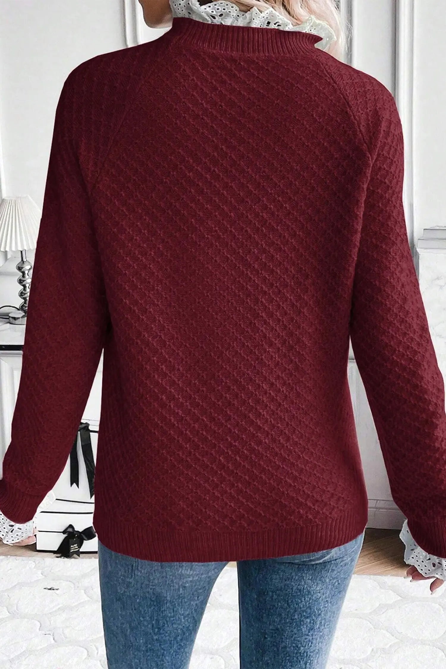 Burgundy Contrast Lace Frilled Trim Raglan Sleeve Sweater Dear-Lover Dropshipping