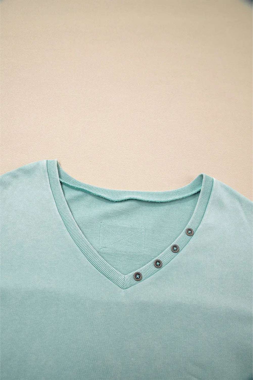 Mist Blue Mineral Wash Exposed Seam Buttoned V Neck Pullover Top Markonline