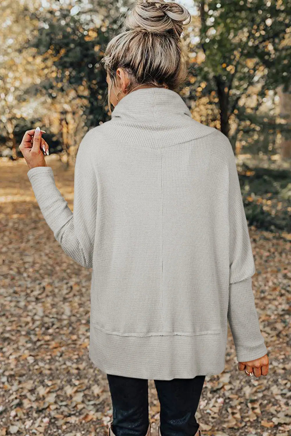 Light Grey Textured Knit Drawstring Cowl Neck Oversize Top with Side Slits Dear-Lover Dropshipping