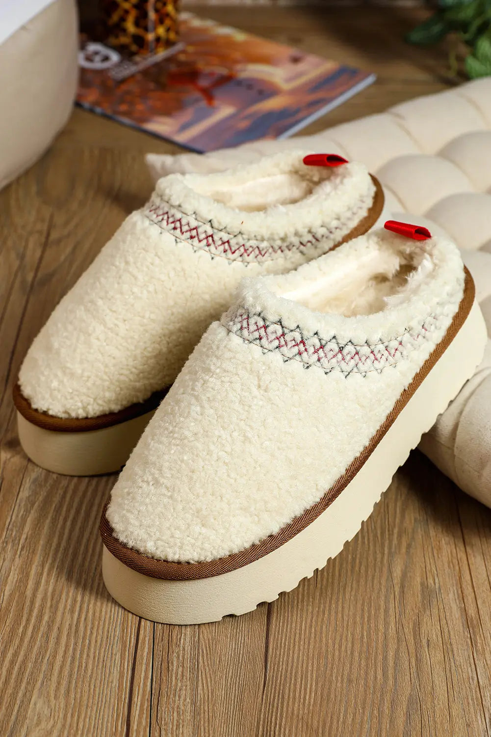 White Embroidered Sherpa Plush Thick Sole Winter Slippers Dear-Lover Dropshipping