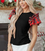 Black Plaid Pearl Ruffle Short Sleeve Loose T Shirt Markonline