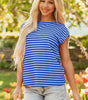 Sky Blue Stripe Ribbed Cap Sleeve Round Neck T Shirt Markonline