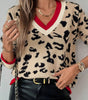 Khaki Leopard Pattern V-Neck Contrast Rib Knitted Sweater Dear-Lover Dropshipping