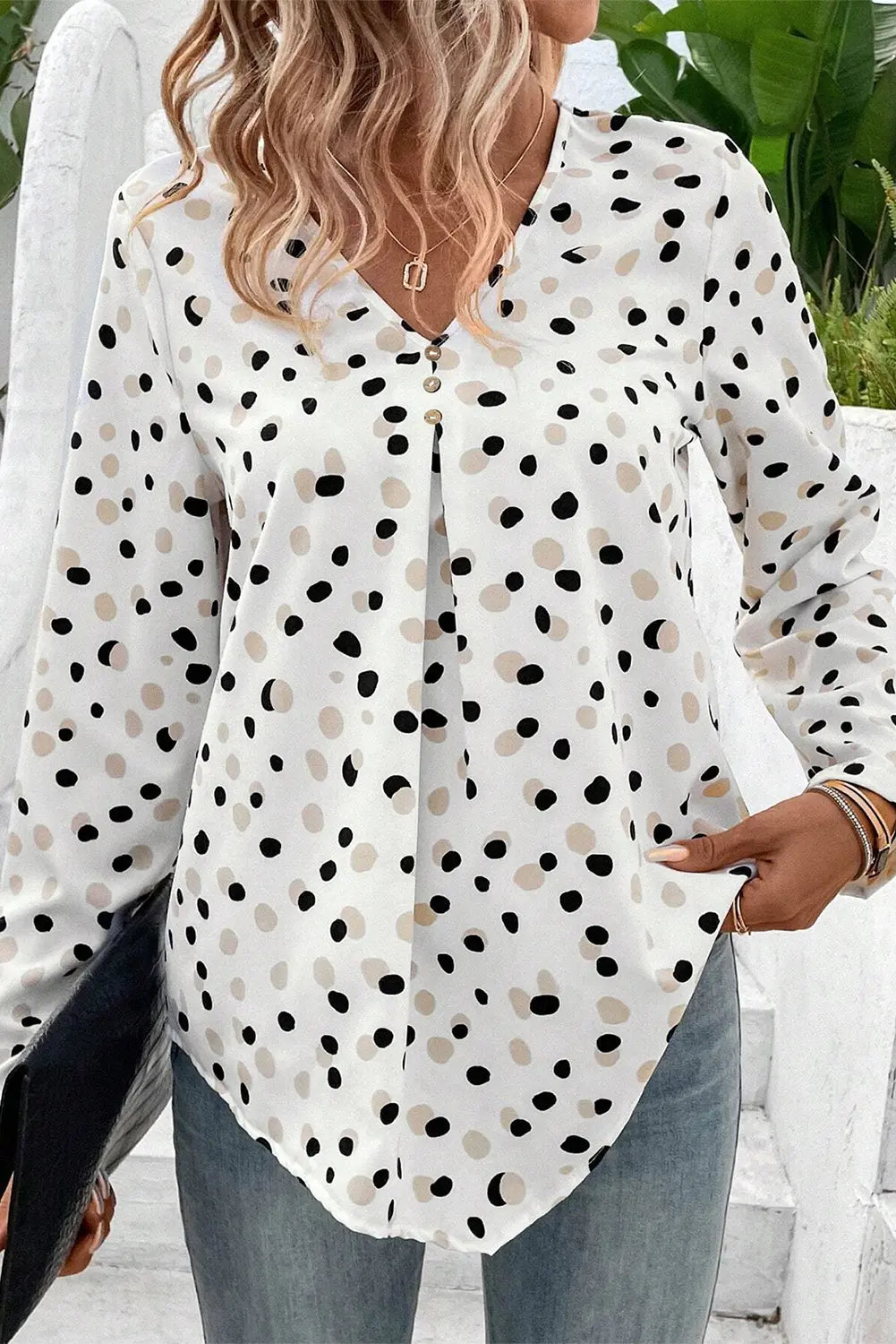 White Polka Dot Print Button Front V Neck Blouse Dear-Lover Dropshipping
