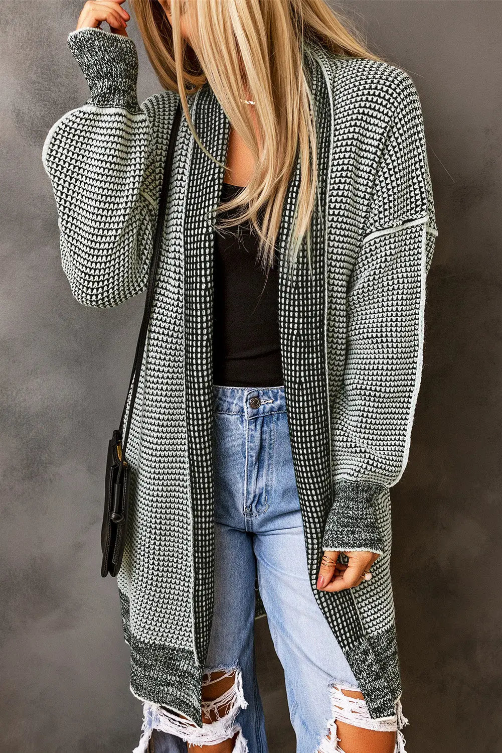 Gray Plaid Knitted Long Open Front Cardigan Dear-Lover Dropshipping