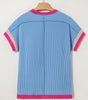 Sky Blue Textured Contrast Trim Round Neck T Shirt Markonline