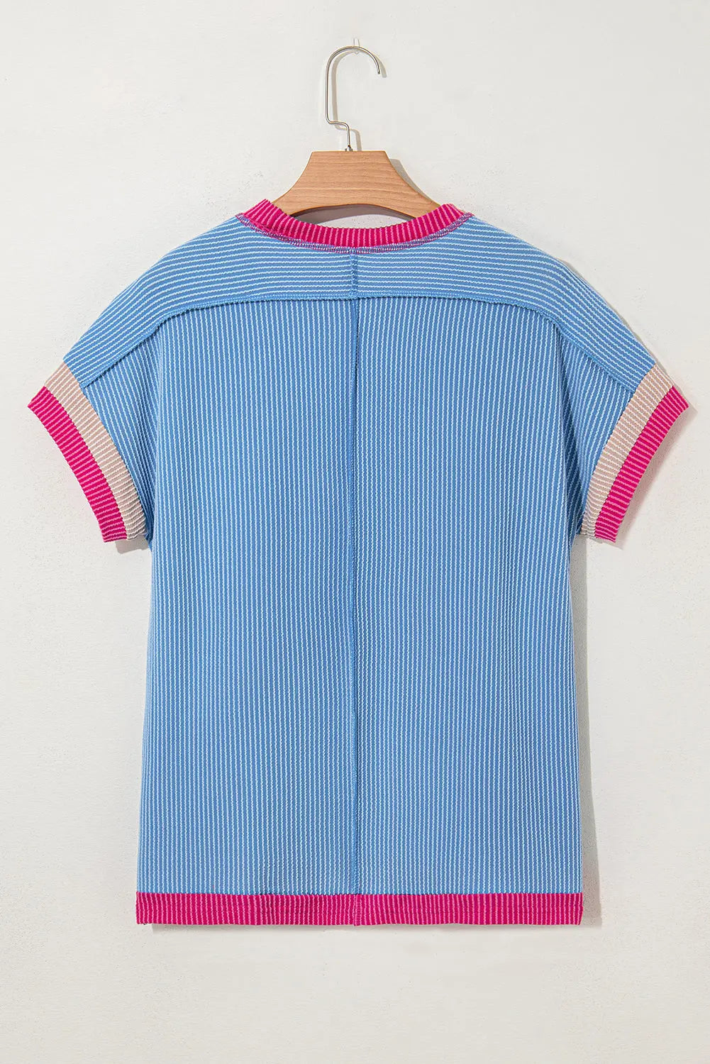 Sky Blue Textured Contrast Trim Round Neck T Shirt Markonline