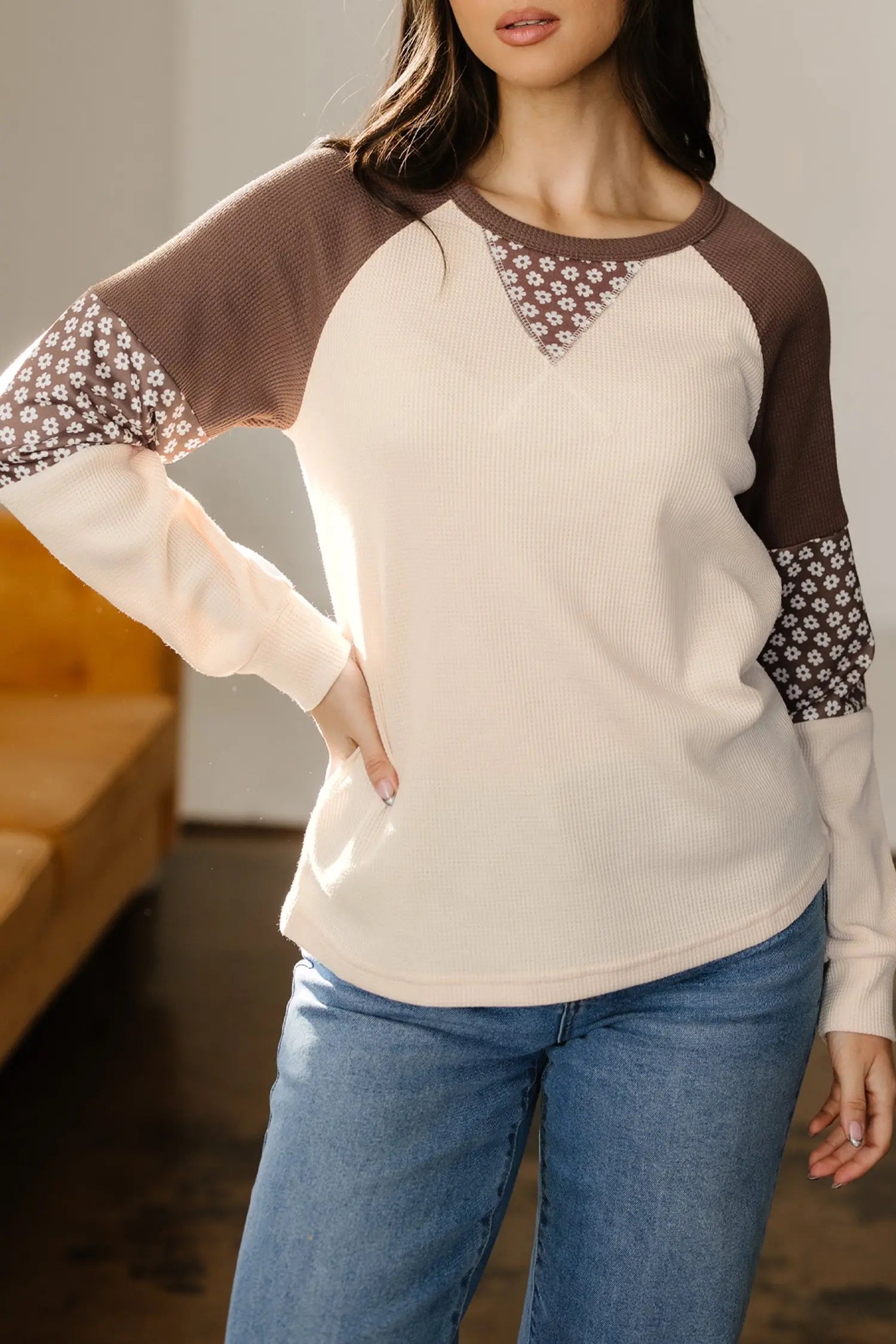 Brown Floral Print Patchwork Color Block Long Sleeve Top Markonline