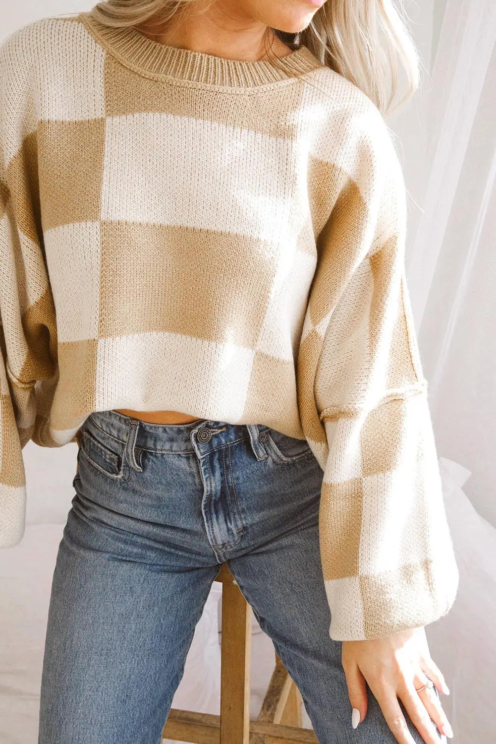 Khaki Checkered Bishop Sleeve Sweater Dear-Lover Dropshipping