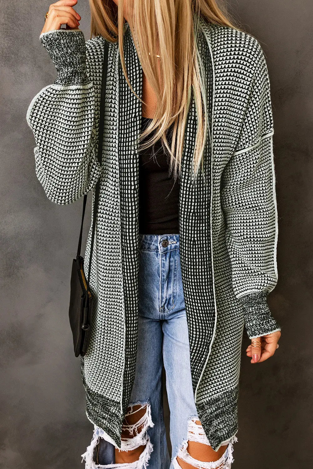 Gray Plaid Knitted Long Open Front Cardigan Dear-Lover Dropshipping