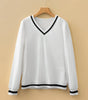 White Textured Knit Preppy Striped Trim V Neck Pullover Waffle Top Dear-Lover Dropshipping