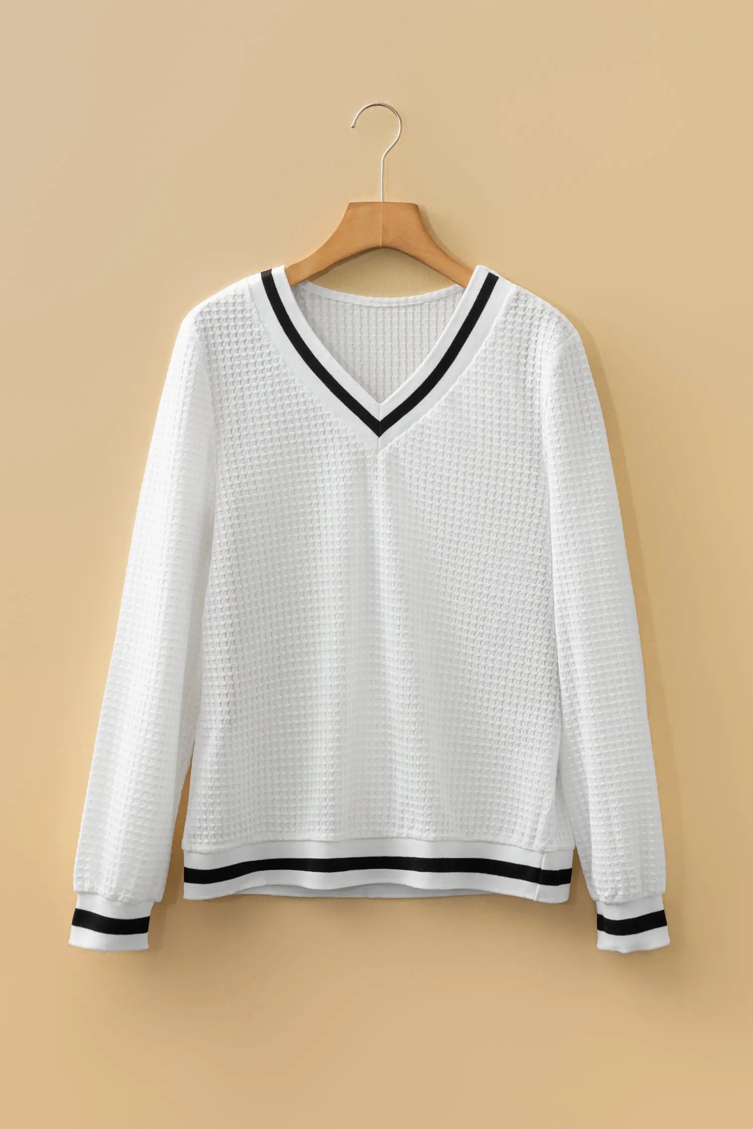 White Textured Knit Preppy Striped Trim V Neck Pullover Waffle Top Dear-Lover Dropshipping