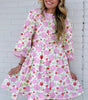 Pink Floral Print Striped Trim Frilled Neck 3/4 Sleeve Flared Mini Dress Markonline