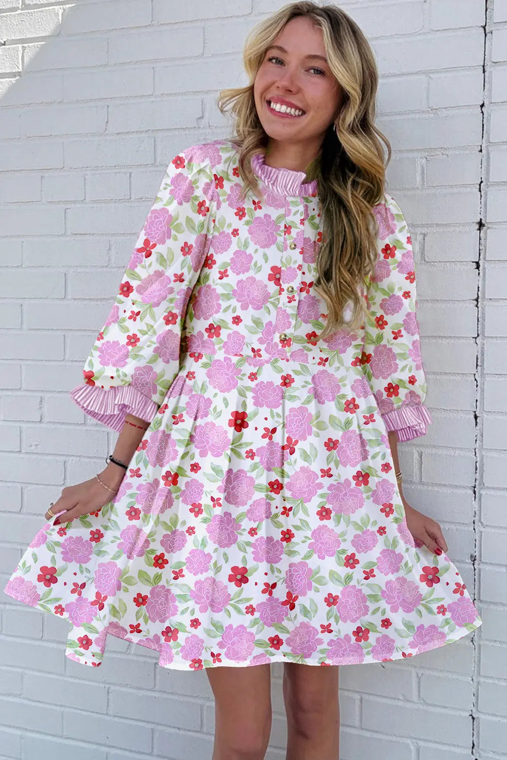 Pink Floral Print Striped Trim Frilled Neck 3/4 Sleeve Flared Mini Dress Markonline