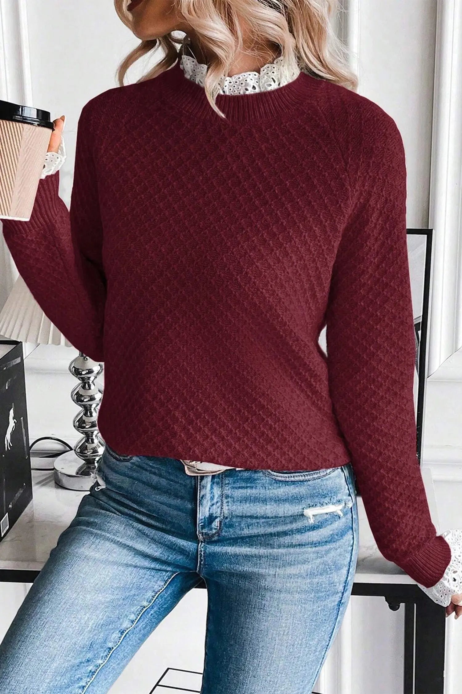 Burgundy Contrast Lace Frilled Trim Raglan Sleeve Sweater Dear-Lover Dropshipping