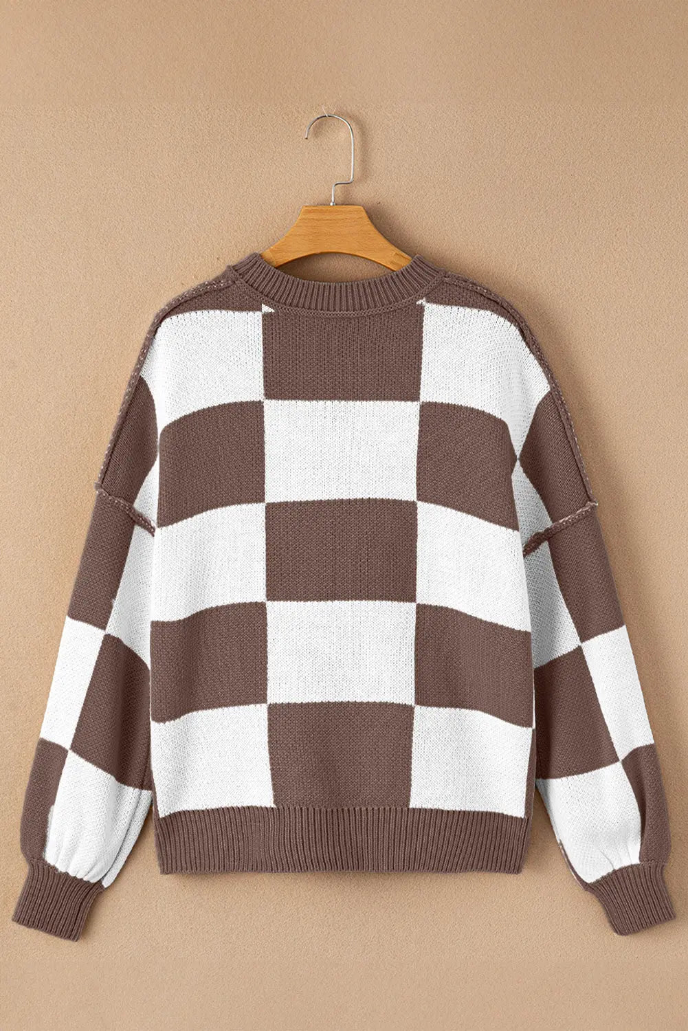 Dark Brown Checkered Bishop Sleeve Sweater Dear-Lover Dropshipping