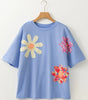 Sky Blue Flower Patched Exposed Stitching Trim Crew Neck Loose Tee Markonline