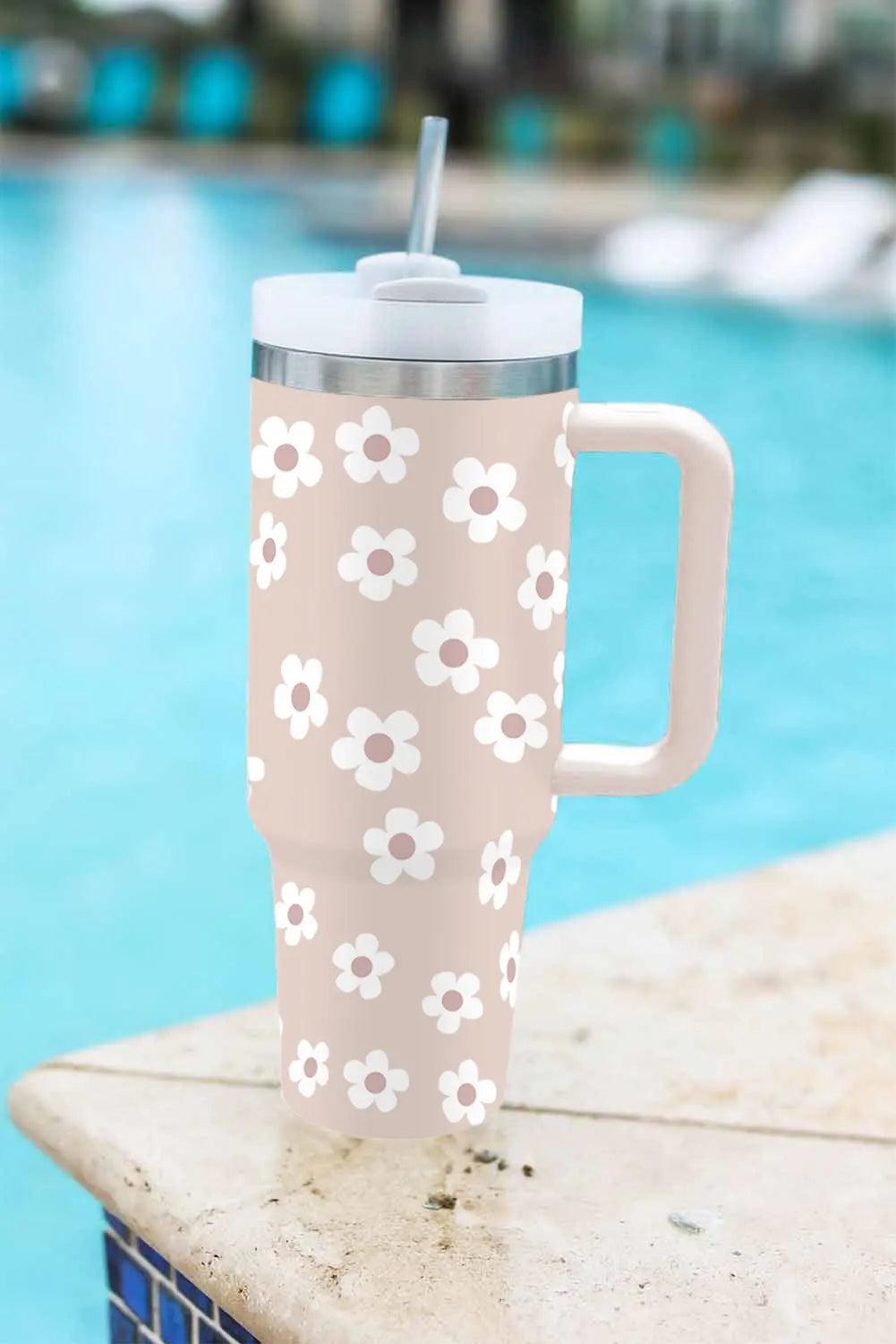 Parchment Floret Print Stainless Tumbler With Lid And Straw 40oz Dear-Lover Dropshipping
