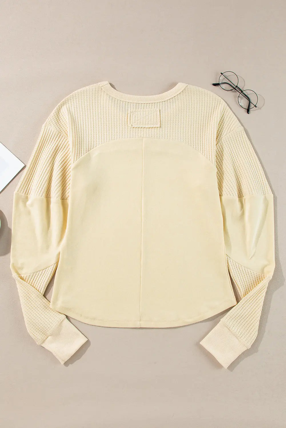 Beige Thermal Knit Patchwork Exposed Seam Long Sleeve Top Markonline
