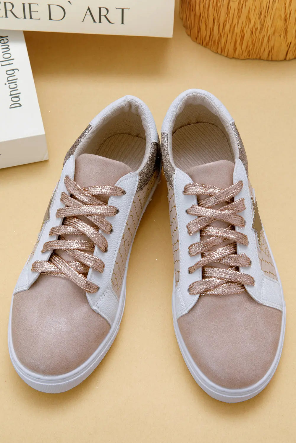 Dearlove Gold Glitter Star Patchwork PU Leather Lace-up Sneakers Markonline