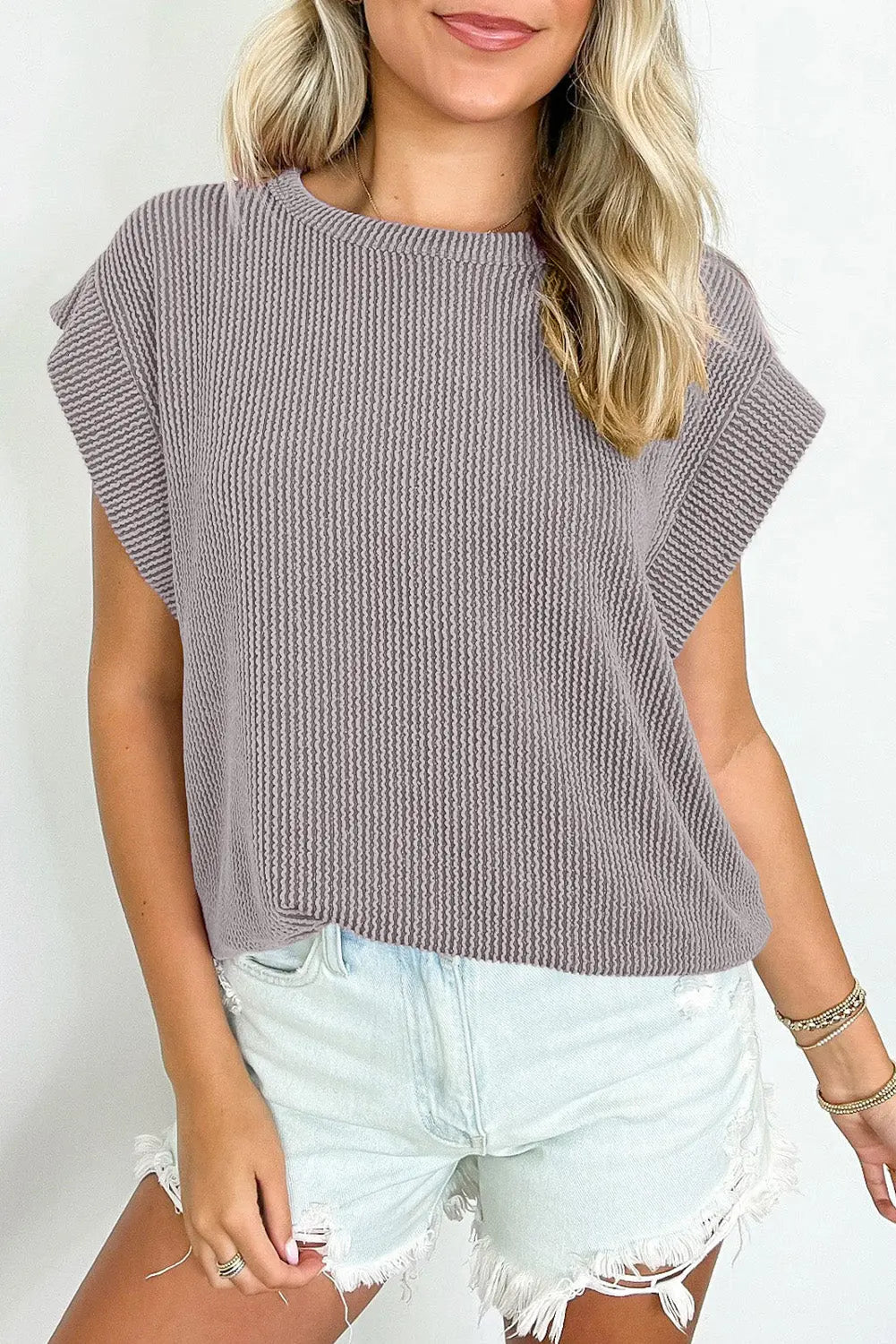 Gray Twisted Rib Wide Sleeve Crew Neck T Shirt Markonline