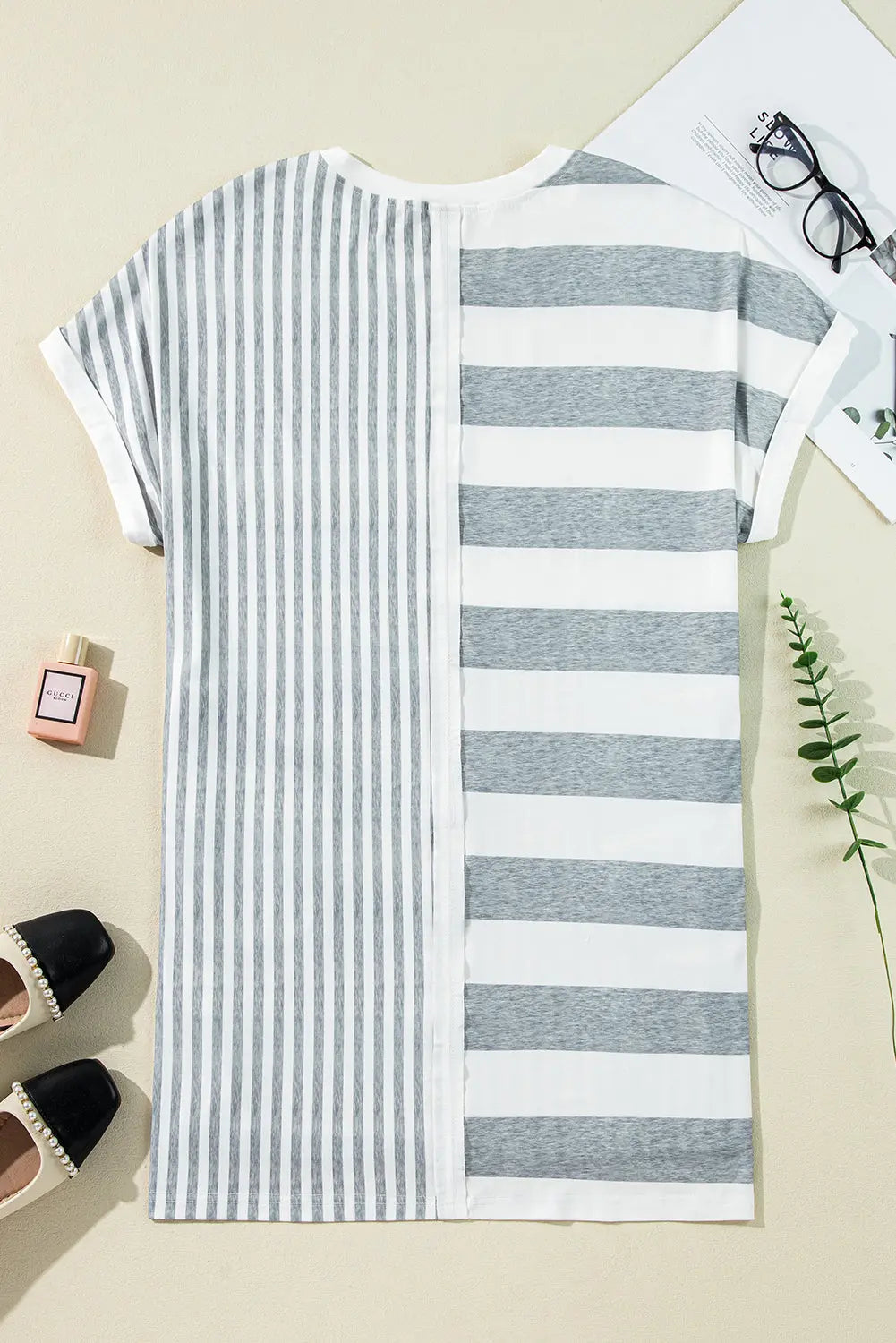 Gray Stripe Mixed Printed Short Sleeve Shift Mini T Shirt Dress Markonline