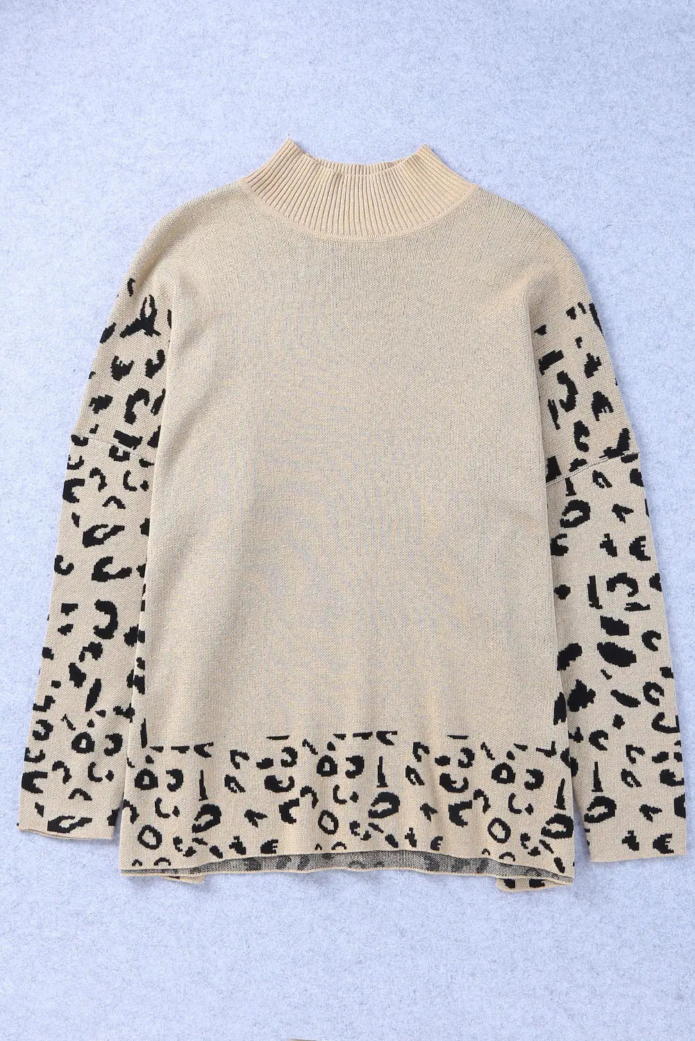 Khaki Leopard High Neck Side Slit Oversized Sweater Dear-Lover Dropshipping
