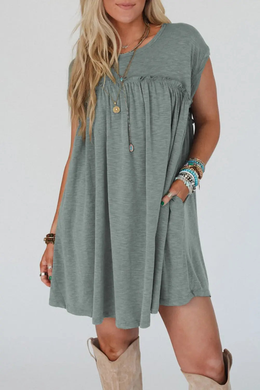 Mist Green Frilled Gathered Seam Round Neck T Shirt Dress Markonline