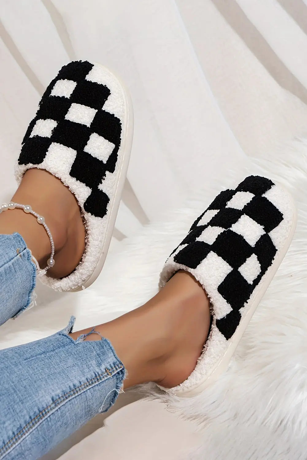 Black Checkered Print Fuzzy Slip On Winter Slippers Dear-Lover Dropshipping