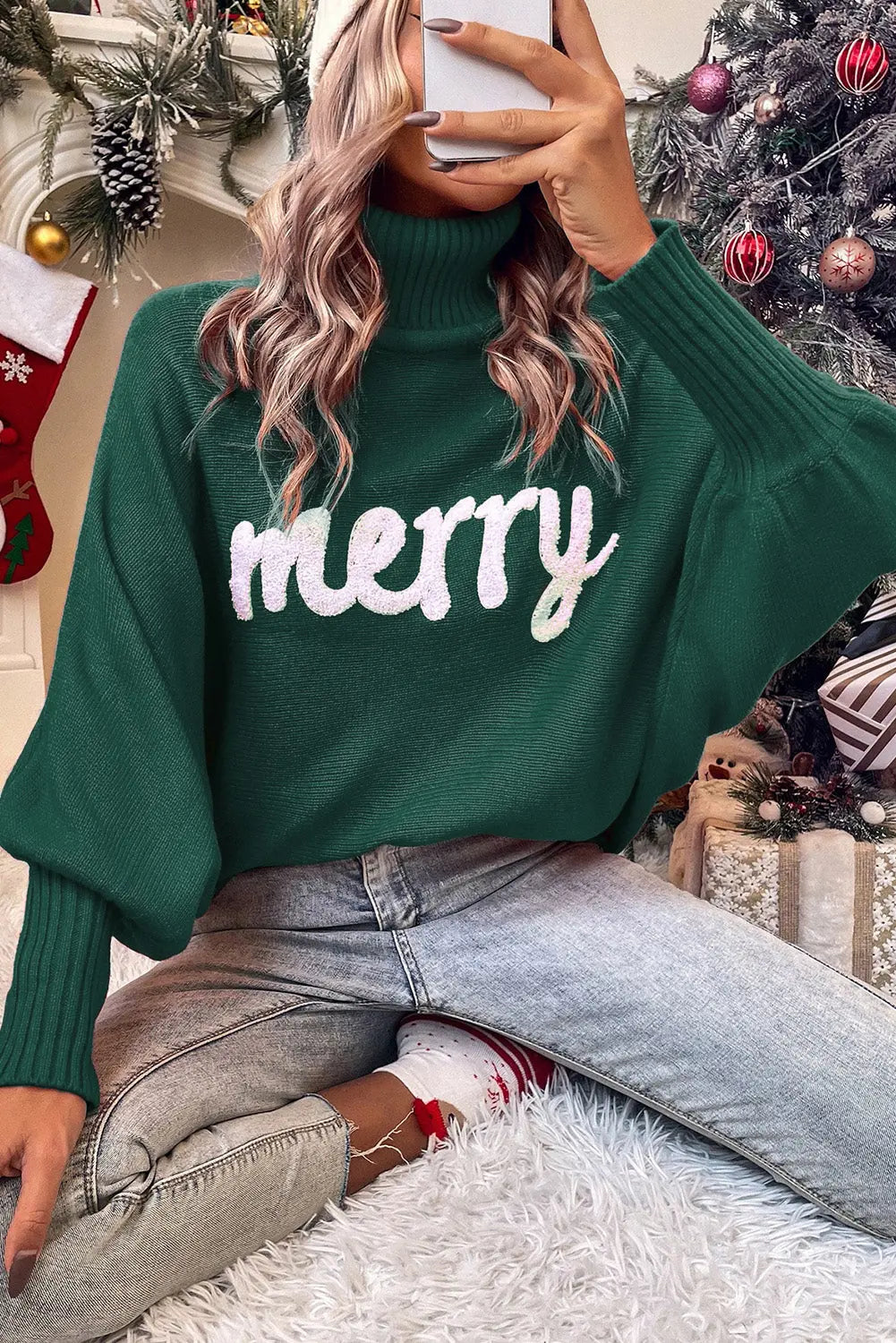 Blackish Green Merry Letter Embroidered High Neck Sweater Dear-Lover Dropshipping