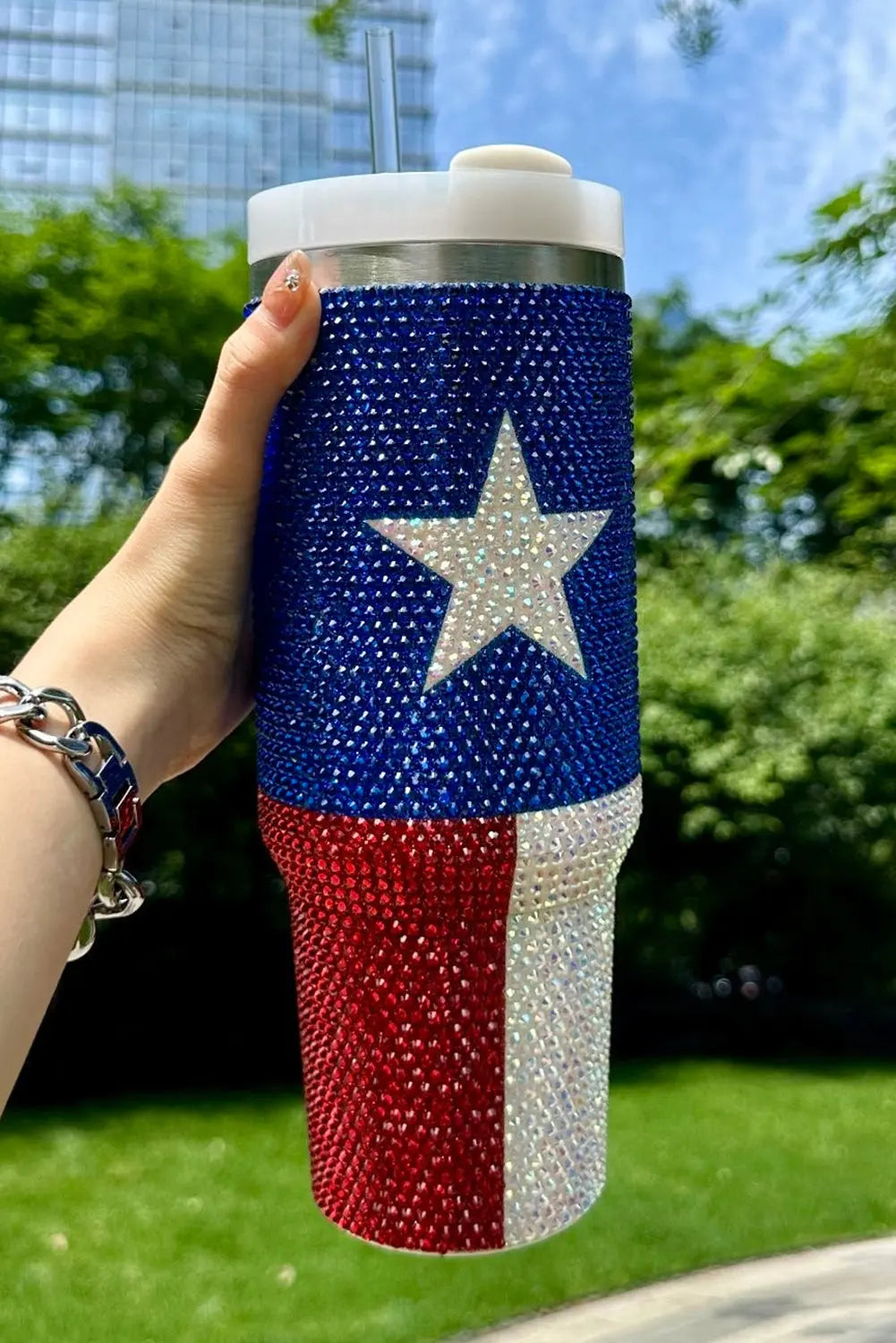 Dark Blue American Flag Star Full Rhinestone Handle Tumbler 40oz Dear-Lover Dropshipping