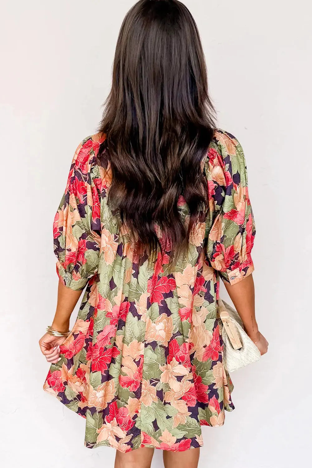 Green Floral Print Frilled Collar V Neck Half Sleeve Mini Dress Markonline