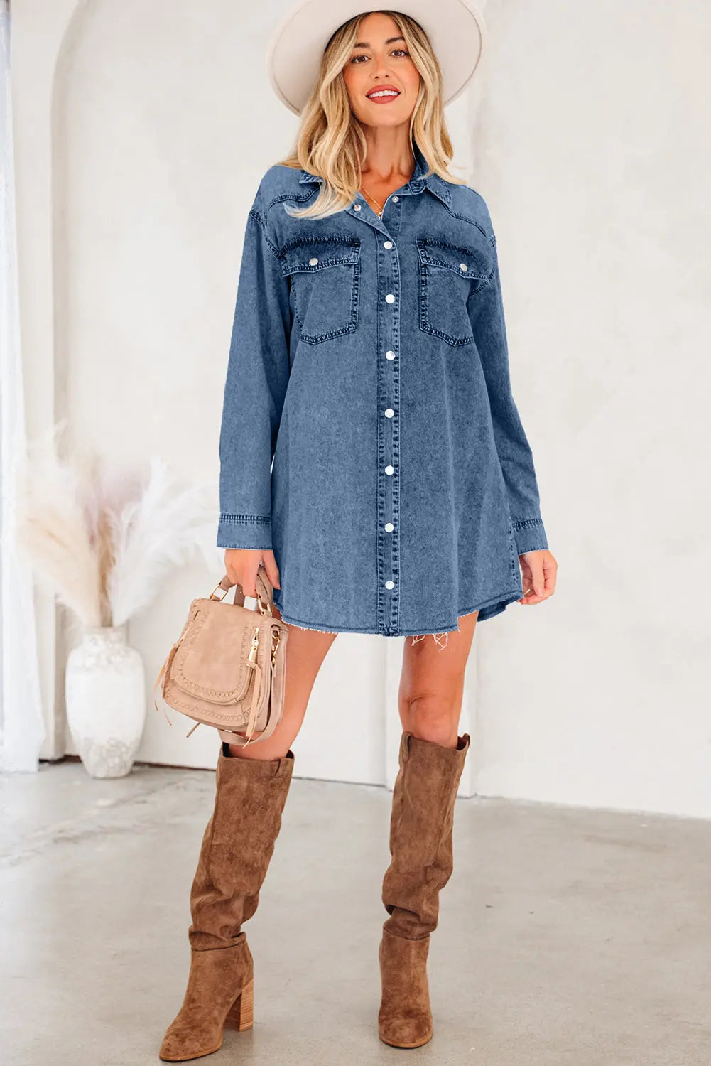 Blue Beau Chest Pocket Raw Hem Denim Loose Shirt Dress Markonline